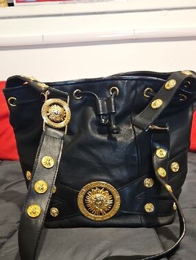 Vintage Gianni Versace Medusa Medallion Shoulder Bag Black Leather